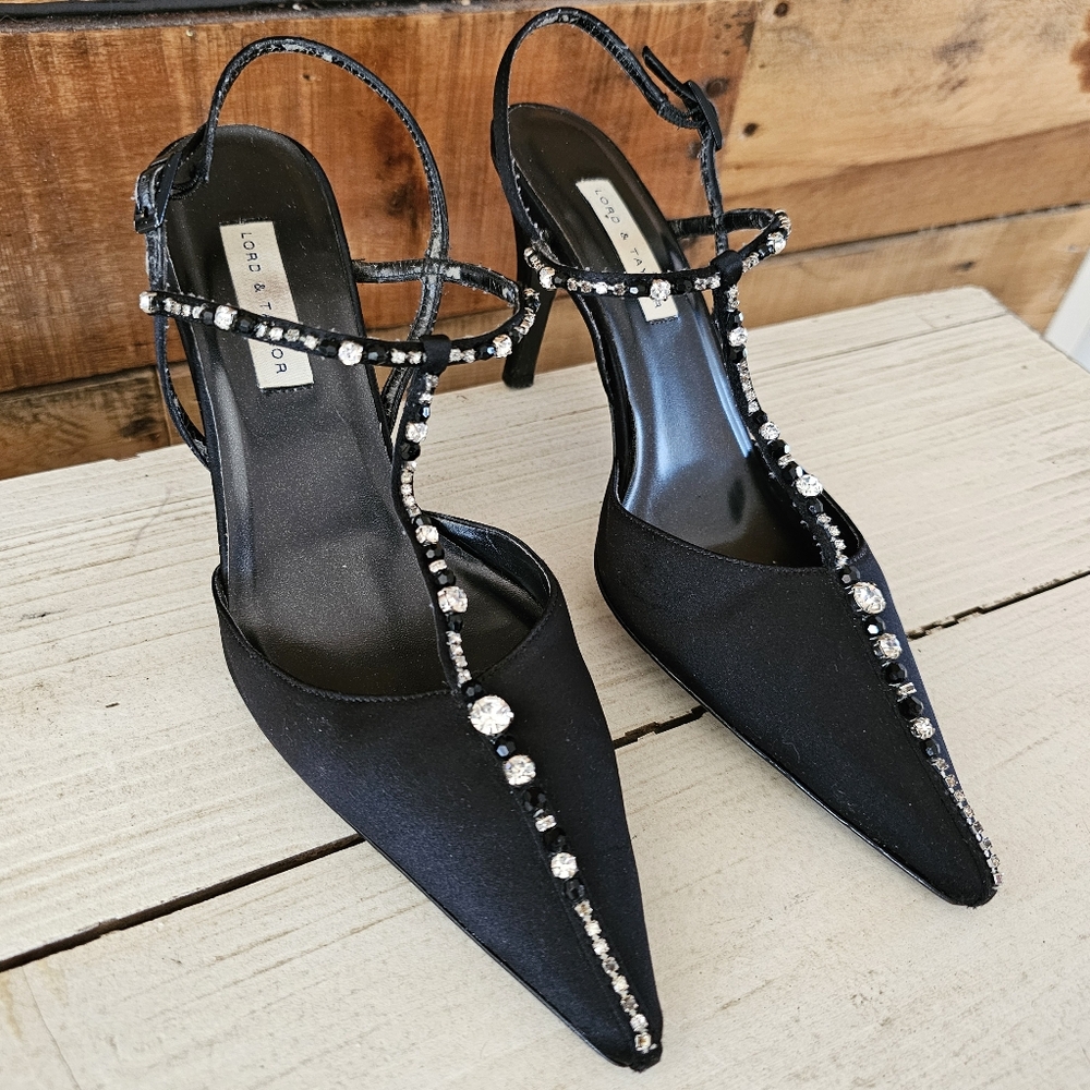 Lord & Taylor black satin "Georgia" t-strap heels w. rhinestone trim size 6-1/2